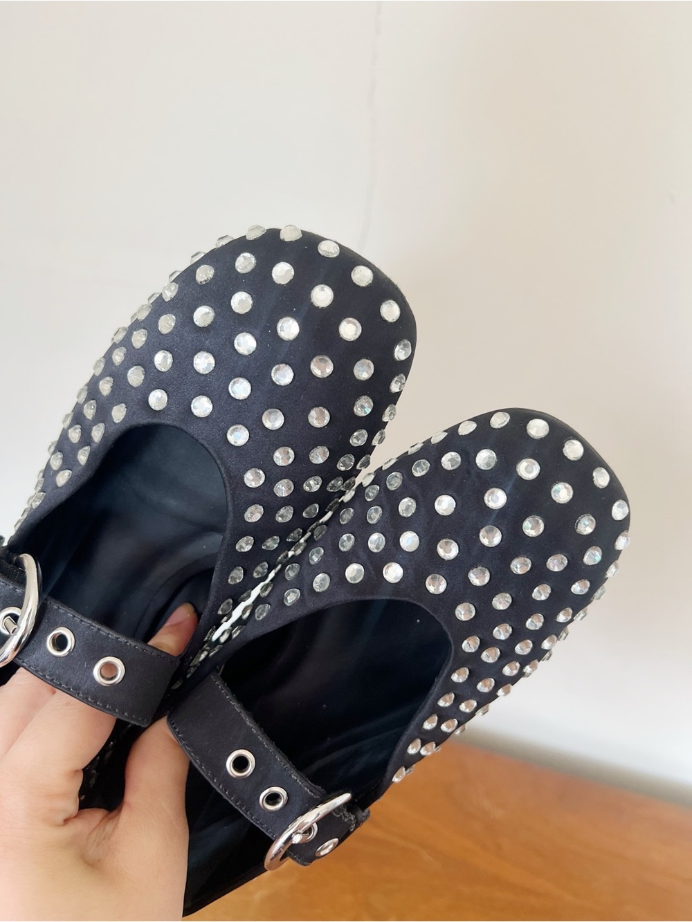 Reformation • Bethany Ballet Flat mary jane black silk rhinestone crystal stud - Picture 5 of 14